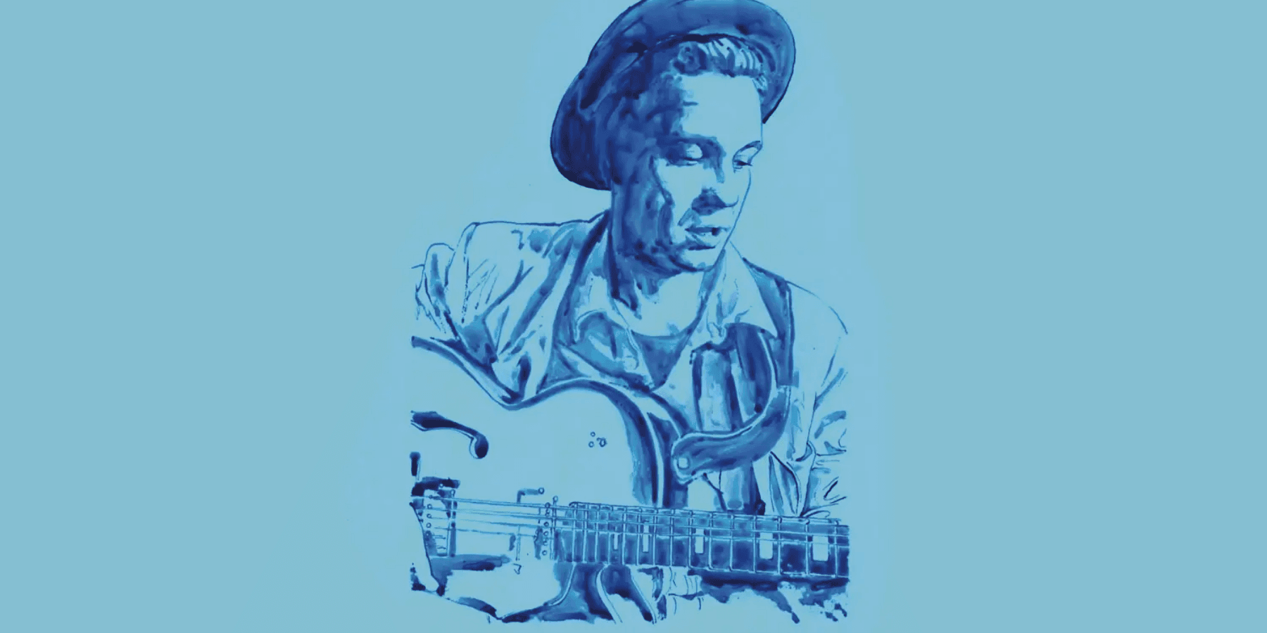Martin Stephenson blue-toned artistic illustrated or painted musician portrait