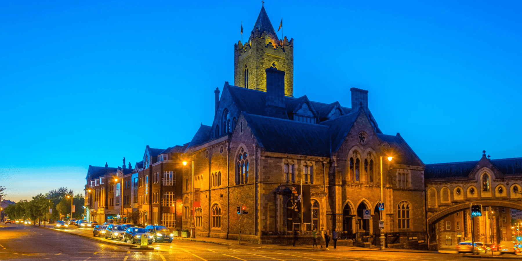 Dublinia Viking and Medieval Dublin museum illuminated gothic building exterior at night