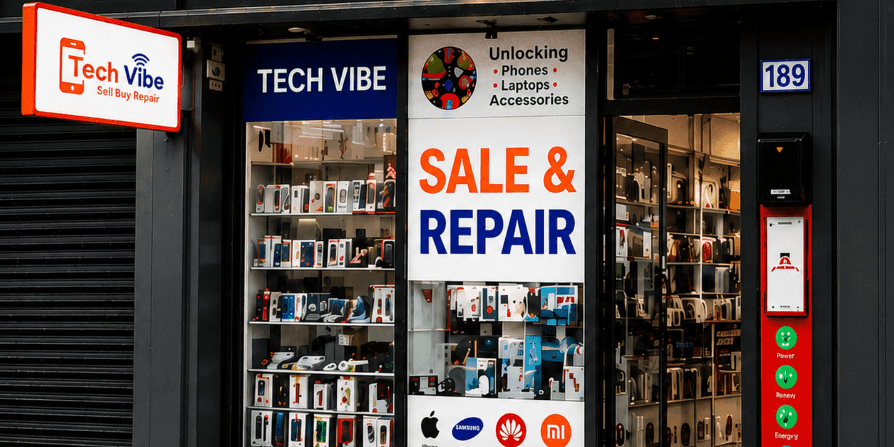 Tech Vibe magazine cover featuring Sale and Repair phone shop storefront