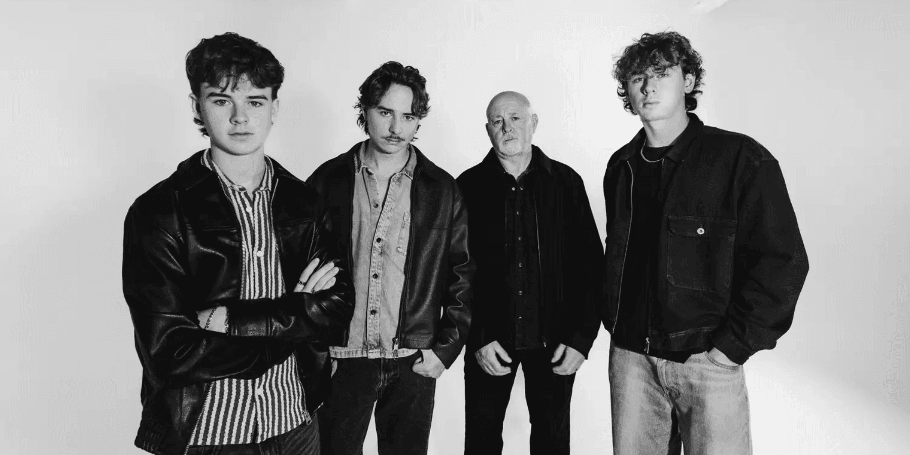 The Byrne Brothers black and white group portrait of five male band members