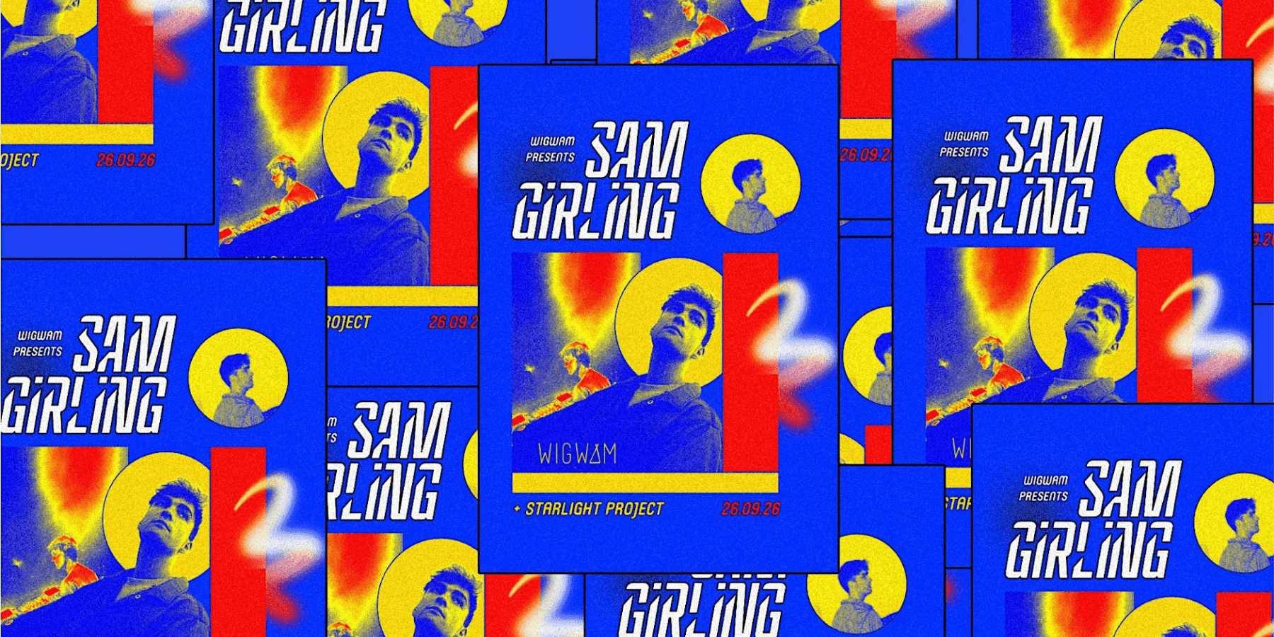Sam Girling bold blue and yellow psychedelic concert promotional poster with artist portrait